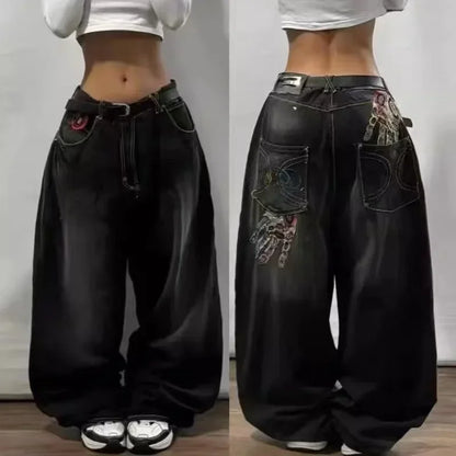 Y2K Best Selling Explosions Men and Women With Retro Embroidery Baggy Jeans Harajuku Rock Hip-Hop Casual Joker Wide Trousers