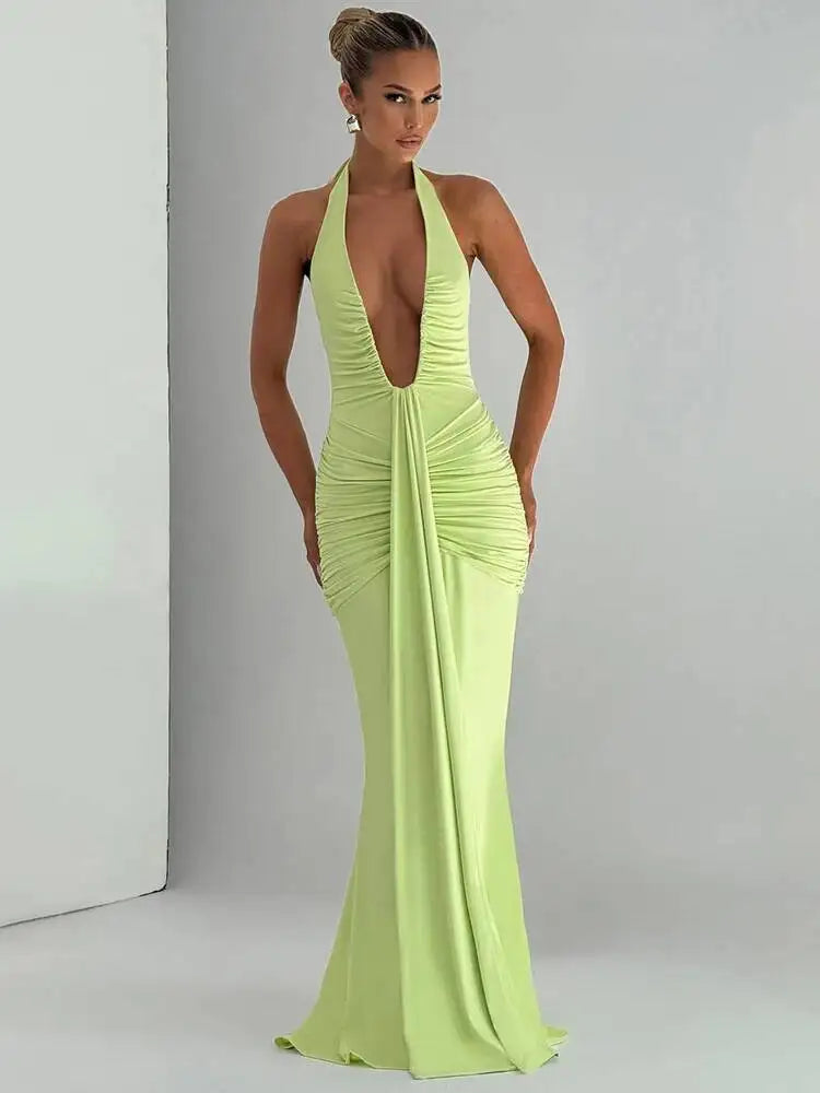 Deep V Neck Draped Ruched Sexy Maxi Dress Women Summer Fashion Halter Sleeveless Backless Club Party Long Dress Elegant BM98