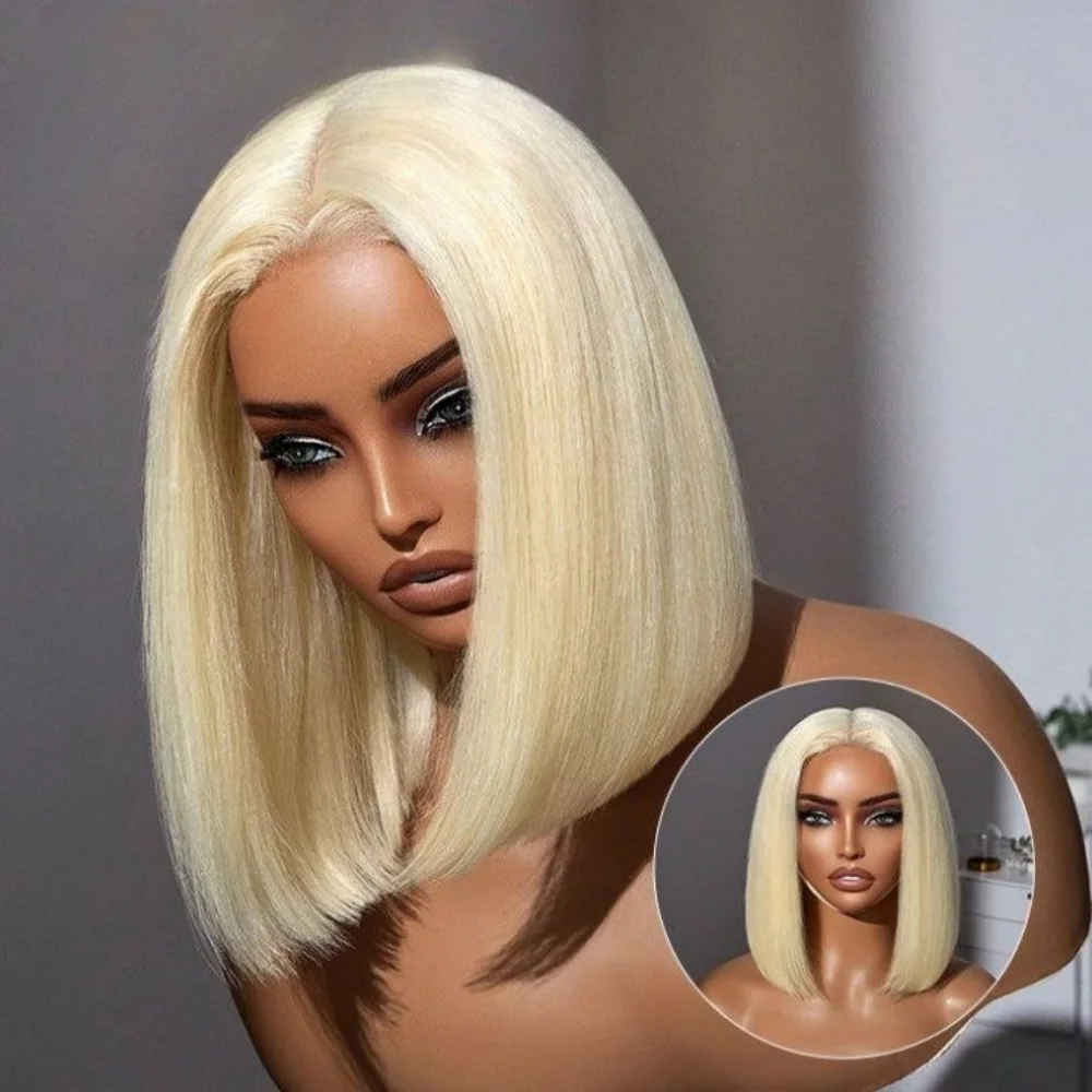 Soft Short Bob 180% Density Blonde 613 Straight Synthetic Lace Front Wig For Women With BabyHair Preplucked Glueless