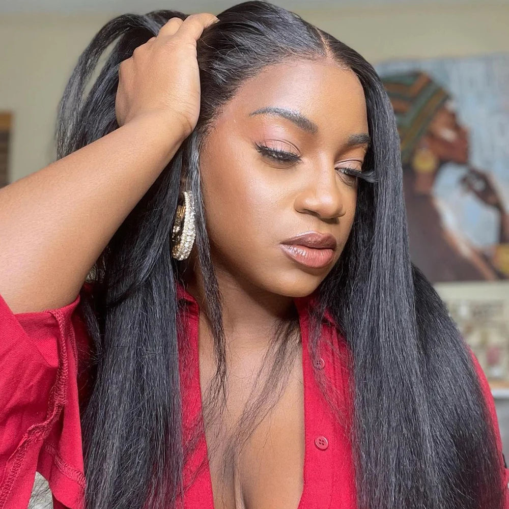 13x6 Kinky Straight Lace Front Human Hair Wig With Kinky Edges Baby Hair 360 Transparent Lace Yaki Straight Human Hair Wigs