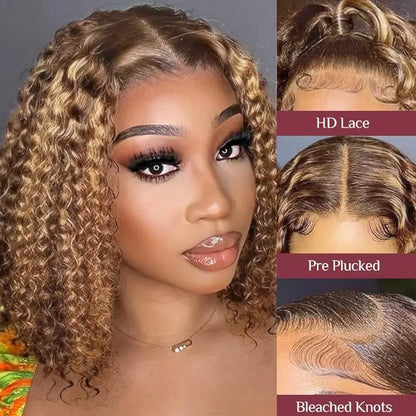 Curly Short Bob Wig Highlight 4/27 Honey Blonde 100% Human Hair 13x4 Lace Front Wig Deep Wave For Women Virgin Human Hair