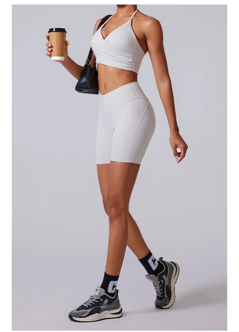 2 Pieces Wrap Front Gym Fitness Suit Women Long Sleeve Legging Workout Yoga Set Sports Bra Short Sports Clothes Tracksuit Female