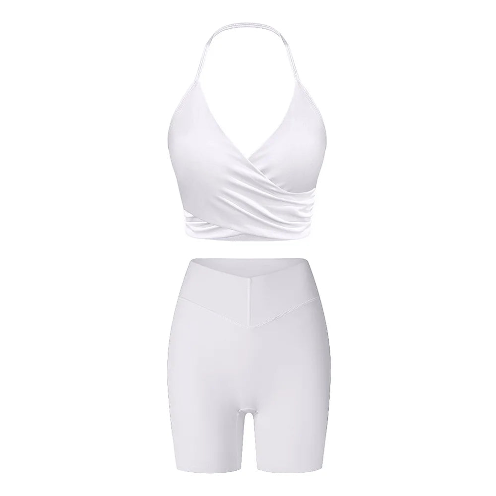 2 Pieces Wrap Front Gym Fitness Suit Women Long Sleeve Legging Workout Yoga Set Sports Bra Short Sports Clothes Tracksuit Female