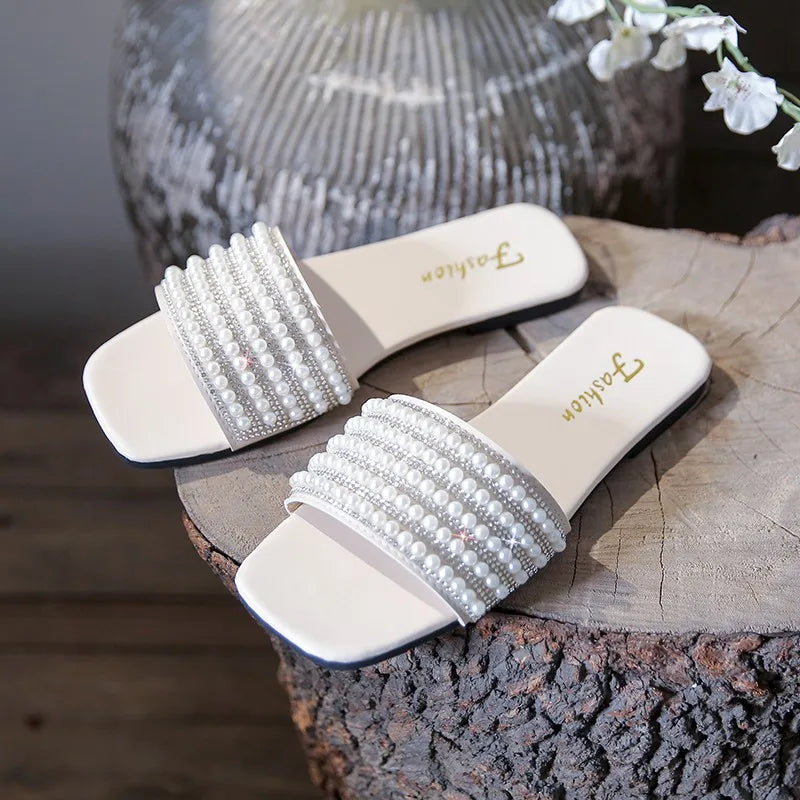 Women's Summer New Fashion Square Head Open Toe Design Women's Slippers Casual Flat Leather Beach Women's Flip-flops