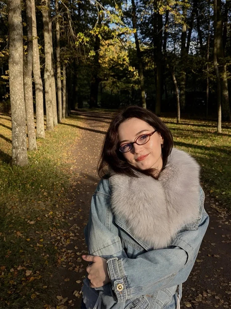 Womens Coats Spring New 100%Natural Real Fox Fur Collar Fashion Short Denim Jacket Luxury Goose Down Puffer Jackets Clothing