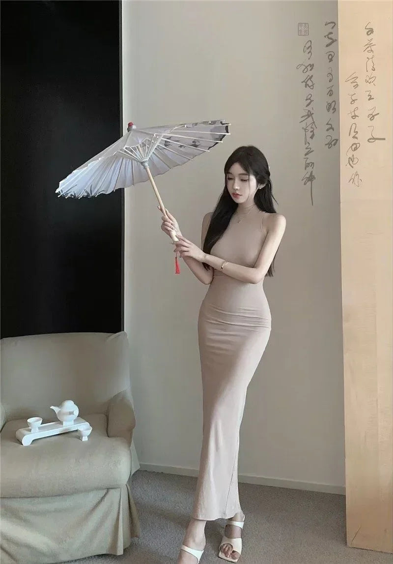 Elegant High Waist Long Sleeveless Dress Neck Hanging Wrap Skirt Slimming Goddess Style Polyester Fiber round Neck Gown