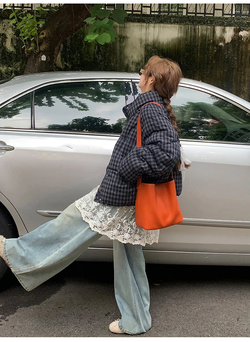 MEXZT Short Plaid Parkas Women Streetwear Stand Collar Puffer Jacket Winter Korean Down Coats Fashion Cotton Padded Outerwears