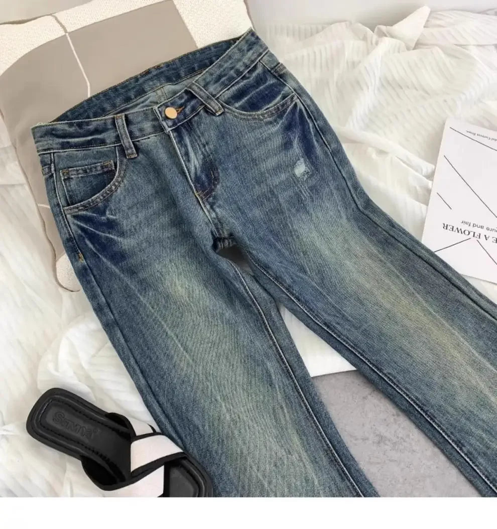 American Retro Low-waisted Jeans Female Autumn New Embroidery Old Casual Fashion Temperament Slim Joker Bell Bottoms.