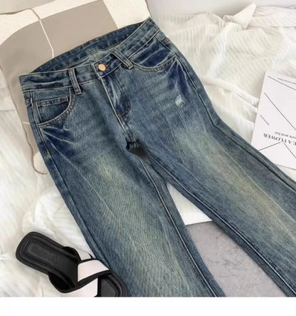 American Retro Low-waisted Jeans Female Autumn New Embroidery Old Casual Fashion Temperament Slim Joker Bell Bottoms.