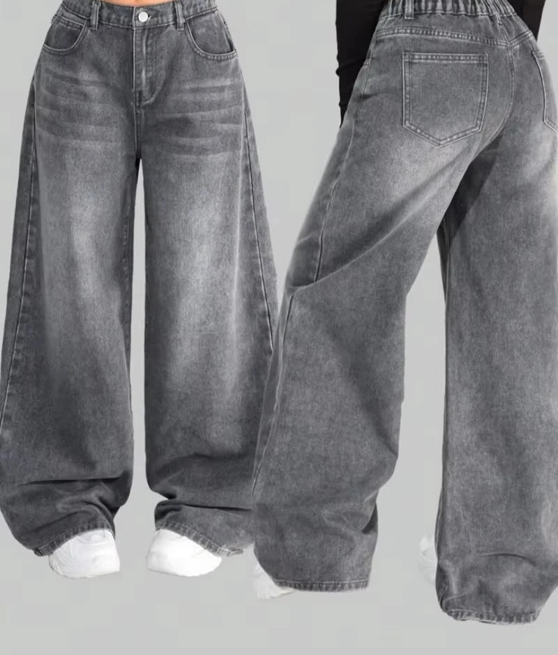 American New Fashion Oversized Letter Printing Black Washed Jeans Ladies Y2K Popular Casual Joker Loose Wide-leg Mop Pants