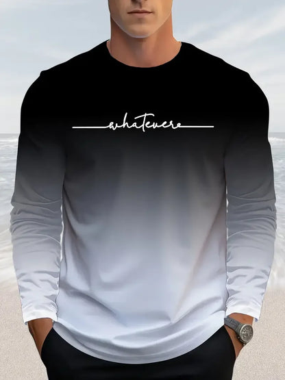 Funny Gradient Letter Print Men's Long Sleeve T-shirt Business Casual Fall Comfortable Pullover Fashion Cotton Loose O-neck Tops