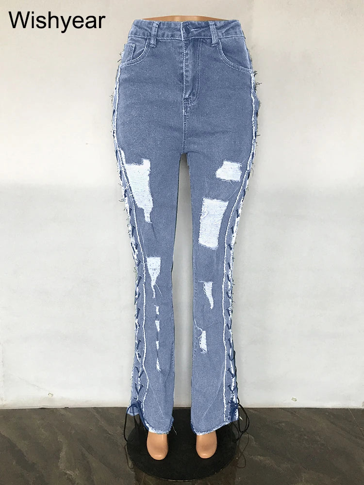 Women's Slim Fit Ripped Denim Jeans High Stretch Blue Pants Eyelet Lace Detail Streetwear Cowboy Style Y2K Flattering Bottoms