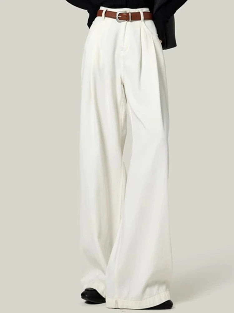 Woman High Waist Straight Leg Jeans Lady Loose Denim Wide Leg Pants Girls Korean Khaki Retro Blue Light Blue Gray White Trousers