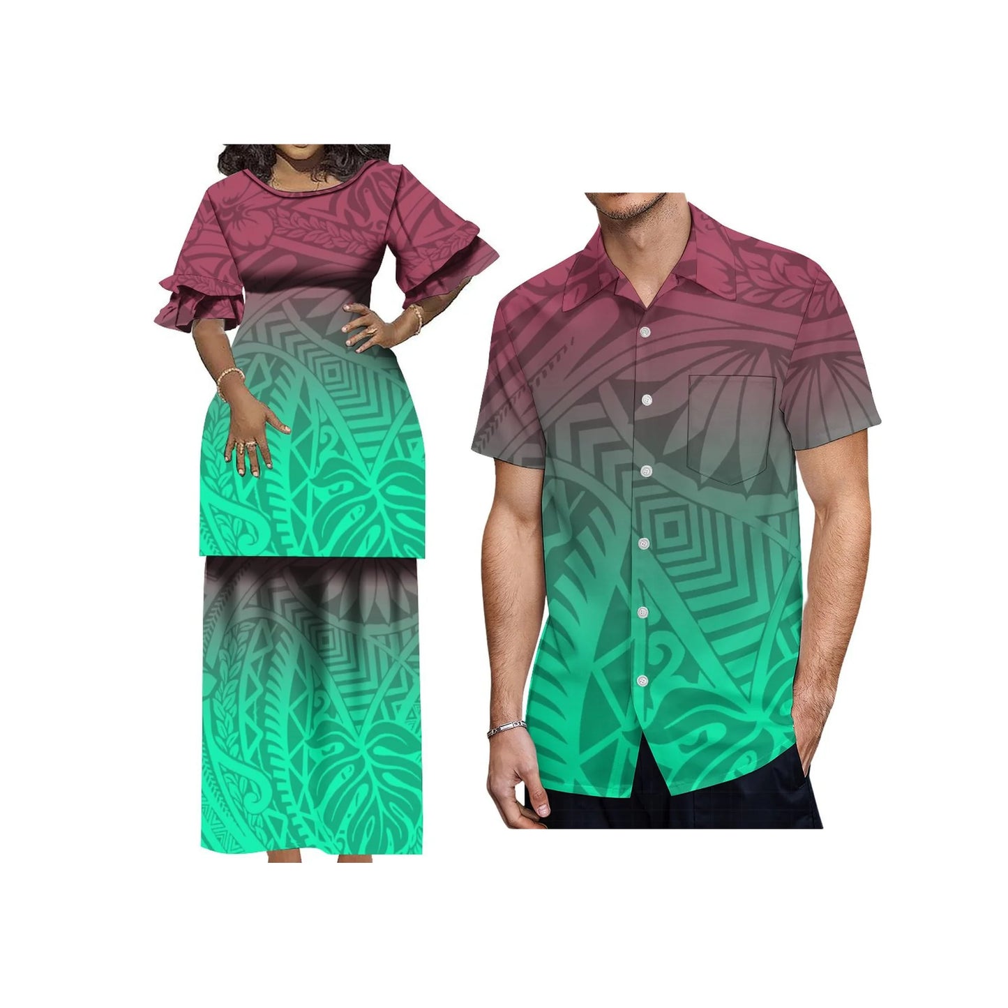 Plus Size Women 2 Piece Outfits Sets Dress New Wholesale Custom Polynesian Tribal Design Petal Sleeve Samoan Puletasi Set