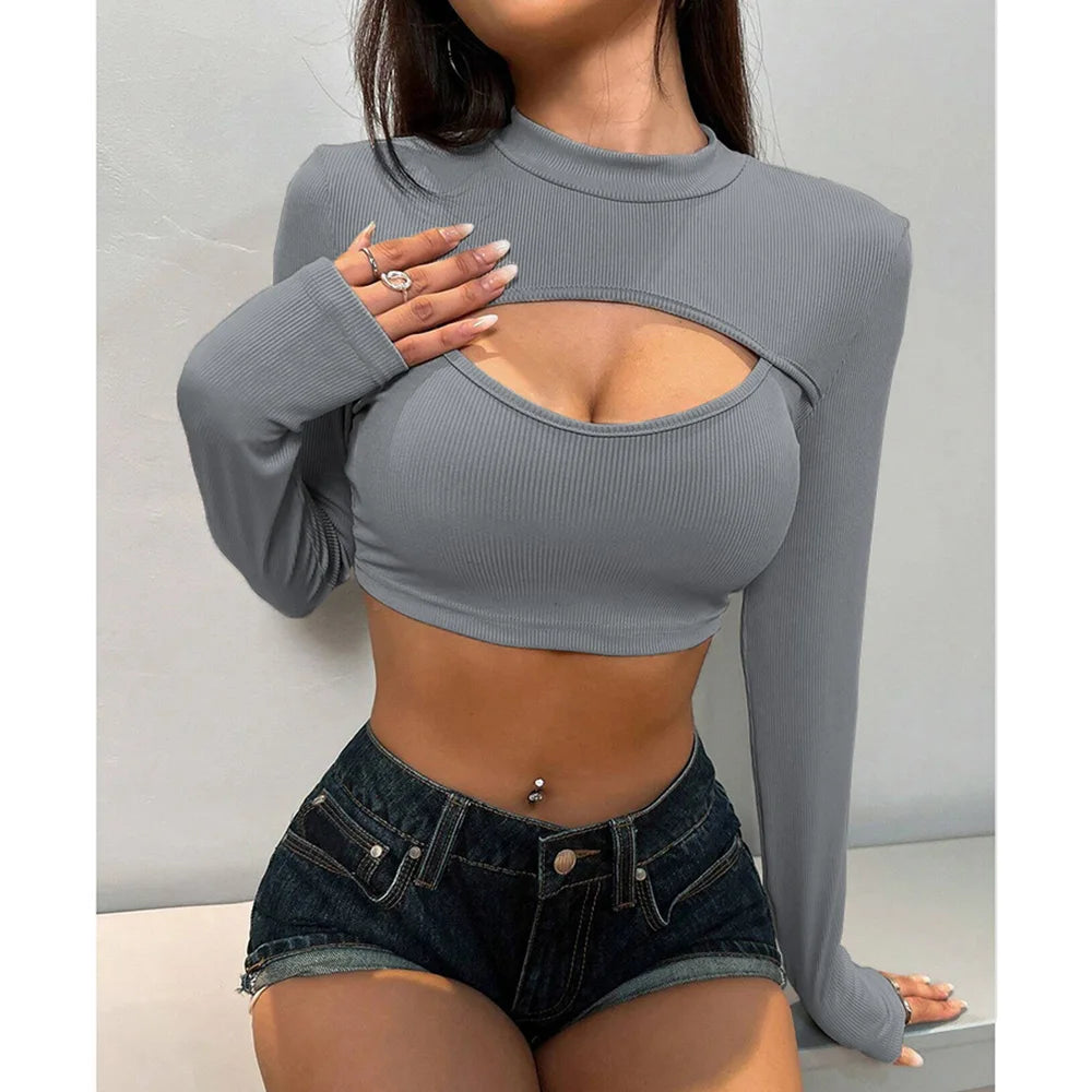 Women's Cropped Tops 2026 Trendy  Geometric Cut-Out Detail Long Sleeve High Neck Bodycon Ribbed Tee for Street Fashion