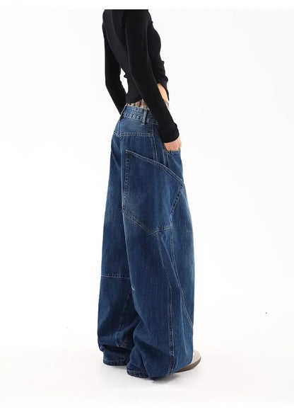 American Retro Knife Pocket Wide Leg Jeans Women's Spring Autumn Style Hot Girl High Street Design Loose Floor-Length Pants