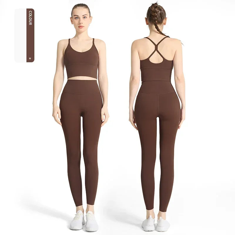 2-piece Yoga Suit Women Sportswear Fitness Set Cross back Yoga Tops A High Waist Leggings Pilates Fitness Sports Clothing👚👚