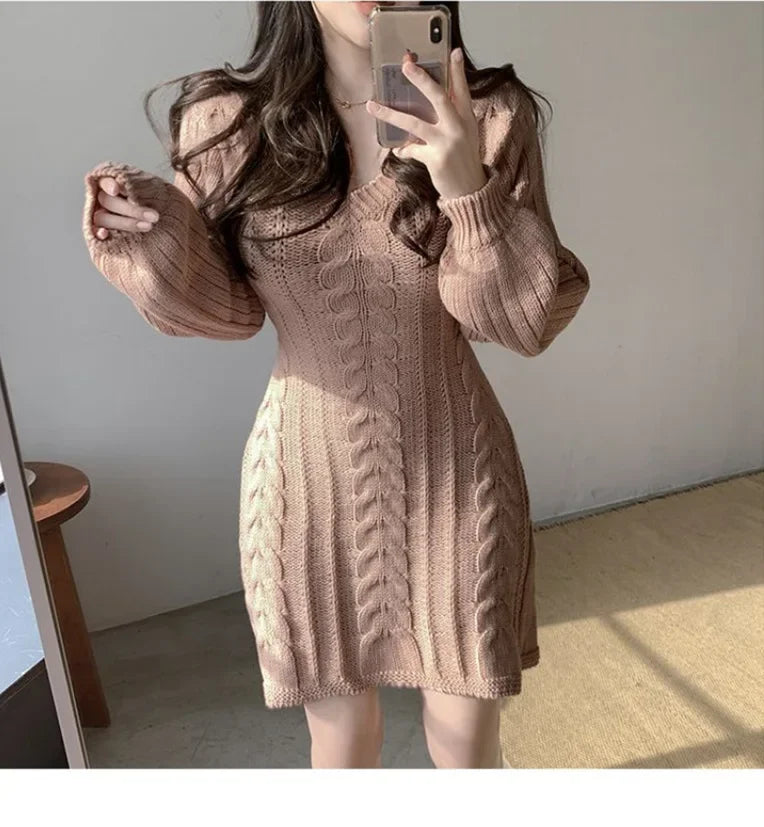 Korean Chic Autumn Gentle V-neck Linen Pattern Design Slimming Long Sleeve A- line Knitted Dress High Collar Ankle-length Dress