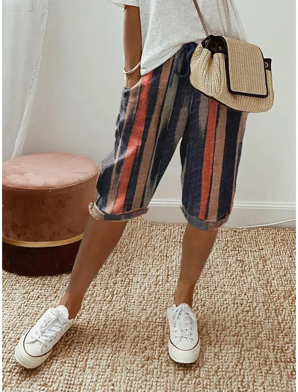 Women Cotton Linen Harem Knee Length Pants Summer High Elastic Drawstring Pocket Solid Color Shorts LRFZ-911