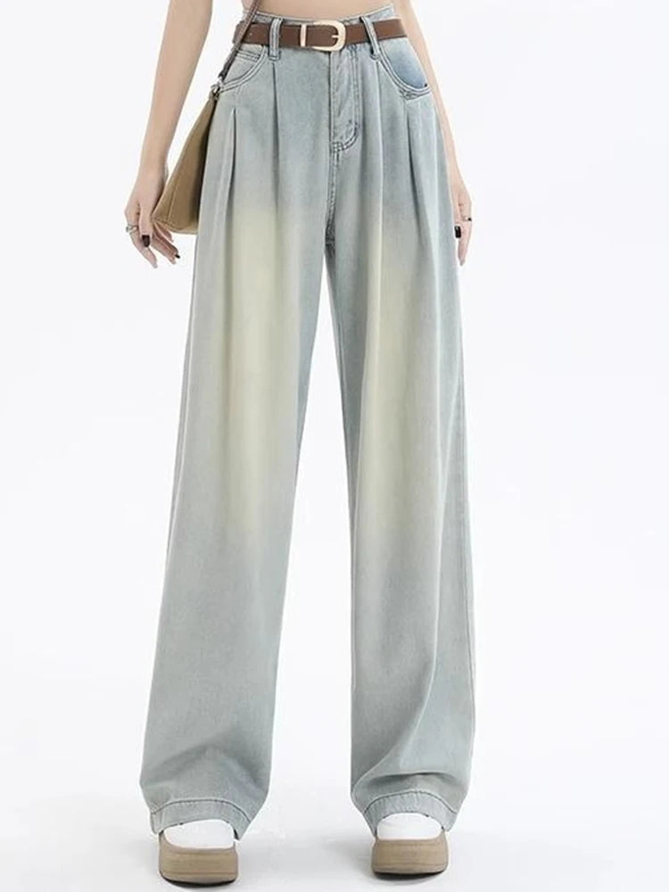 Woman High Waist Straight Leg Jeans Lady Loose Denim Wide Leg Pants Girls Korean Khaki Retro Blue Light Blue Gray White Trousers