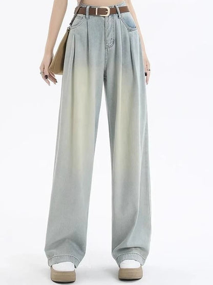Woman High Waist Straight Leg Jeans Lady Loose Denim Wide Leg Pants Girls Korean Khaki Retro Blue Light Blue Gray White Trousers