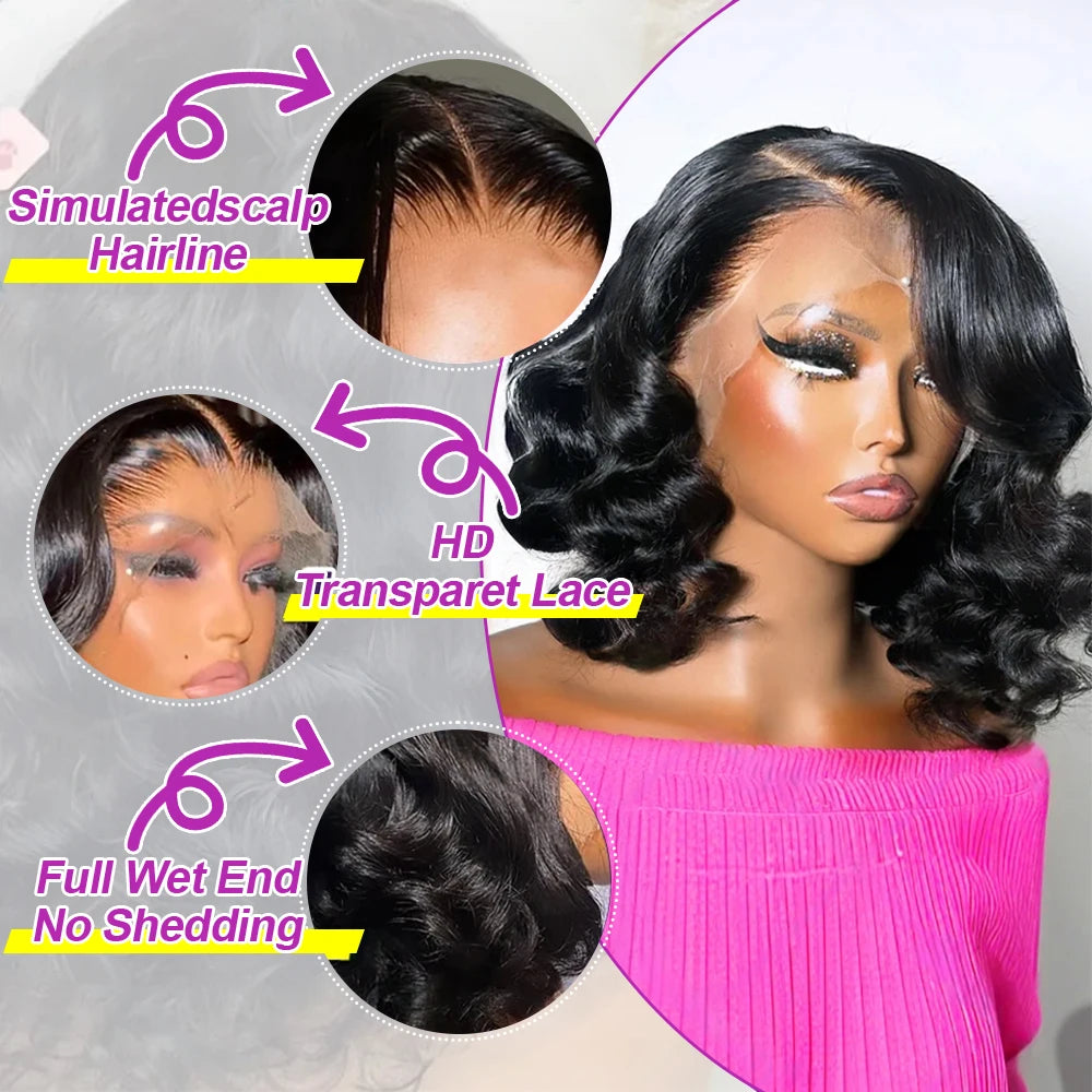 Body Wave Short Bob Wig Glueless Human Hair Lace Front Wigs For Women Water Wavy 13X6 Transparent Lace Frontal Wig 250 Density