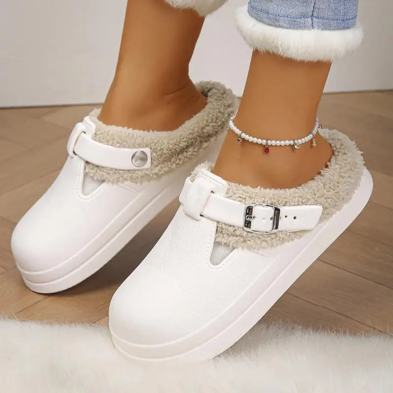 Waterproof Eva Furry Mules Slippers Women 2025 Winter Metal Buckle Warm Plush Slippers Soft Thick Bottom Non Slip Indoor Slides