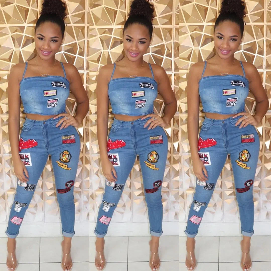 Jeans Outfits 2025 & 2026 Women Clothes Sets 2 Piece Birthday Party Club Sexy Crop Top and Pants Denim Two Piece Mathcing Set