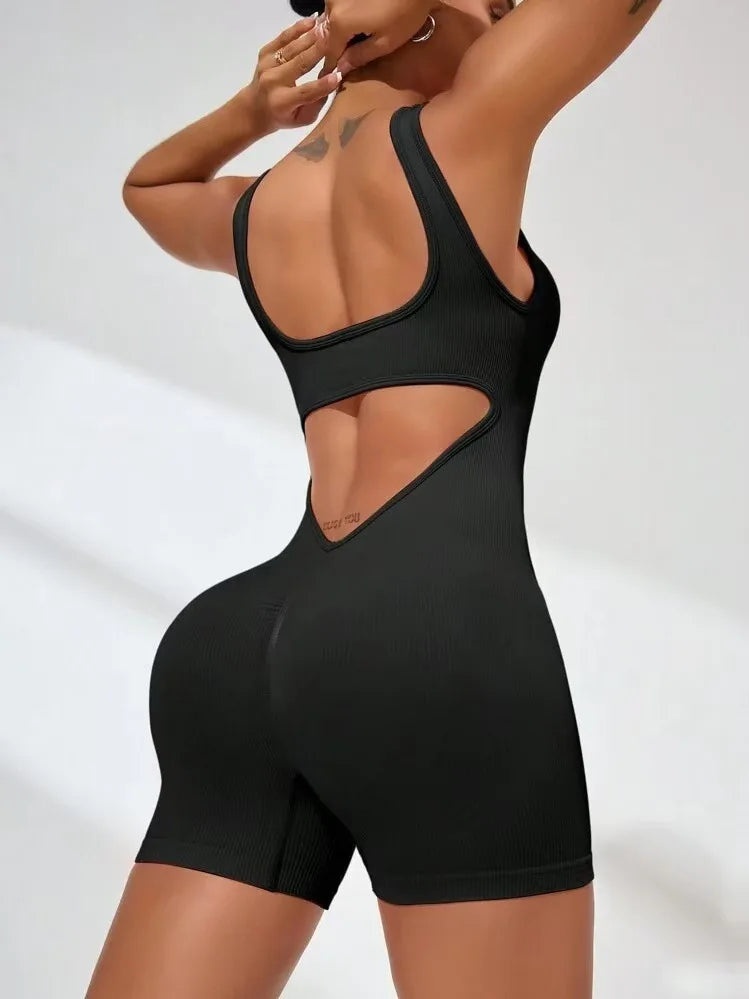 Sexy Backless Women Yoga Rompers U Neck Sleeveless Threaded Jumpsuit Solid Color Elastic Bodysuit Without Bust Pads Streetwear