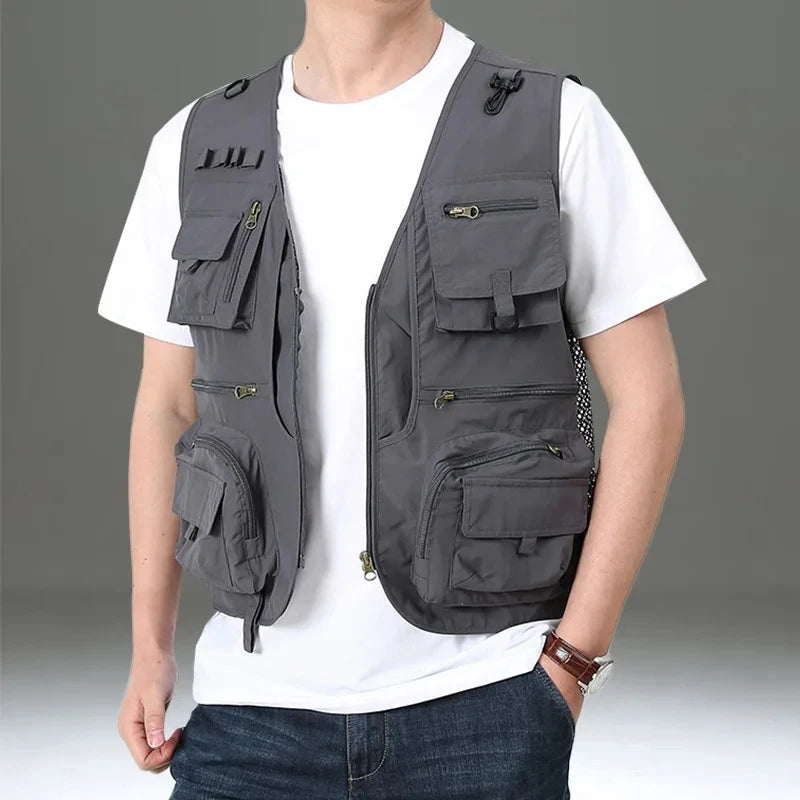 2025 New Men's Vest Tactical Webbed Gear Coat Summer Photographer Waistcoat Tool Many Pocket Mesh Work Sleeveless Jacket Male