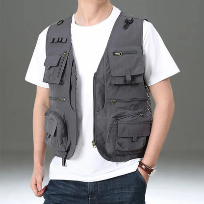 2025 New Men's Vest Tactical Webbed Gear Coat Summer Photographer Waistcoat Tool Many Pocket Mesh Work Sleeveless Jacket Male