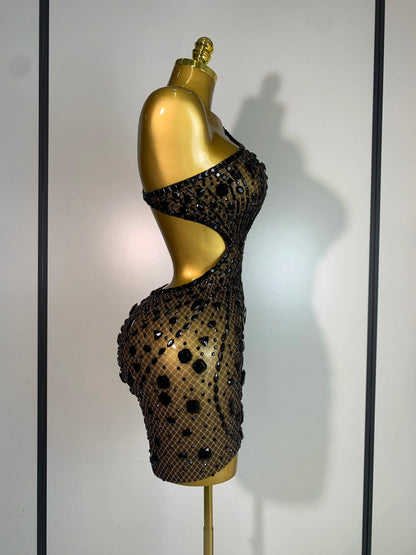 Sexy Sparkly Diamond Backless Short Dress 2025 Women Sleeveless Mesh See Through Evening Birthday Gown Singer Stage Outfit