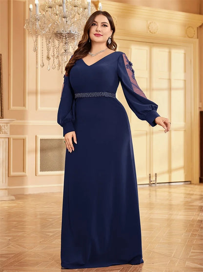 XUIBOL Plus Size Elegant Blue Applique Evening Dress 2026 Women Formal Maxi Prom Long Sleeves Party Dress Luxury Cocktail Prom