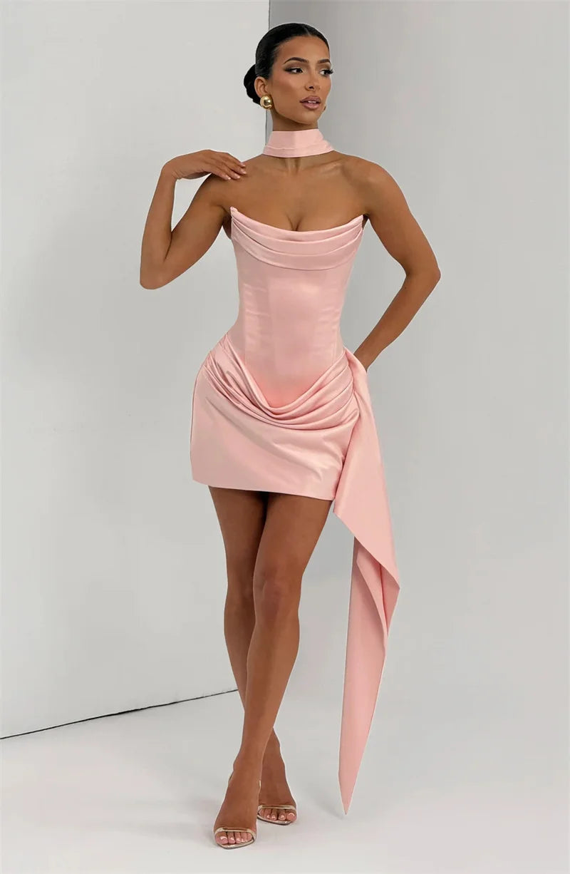 Mozision Off-shoulder Strapless Sexy Mini Dress Women Elegant Sleeveless Backless High Waist Draped Ruched Club Party Dresses
