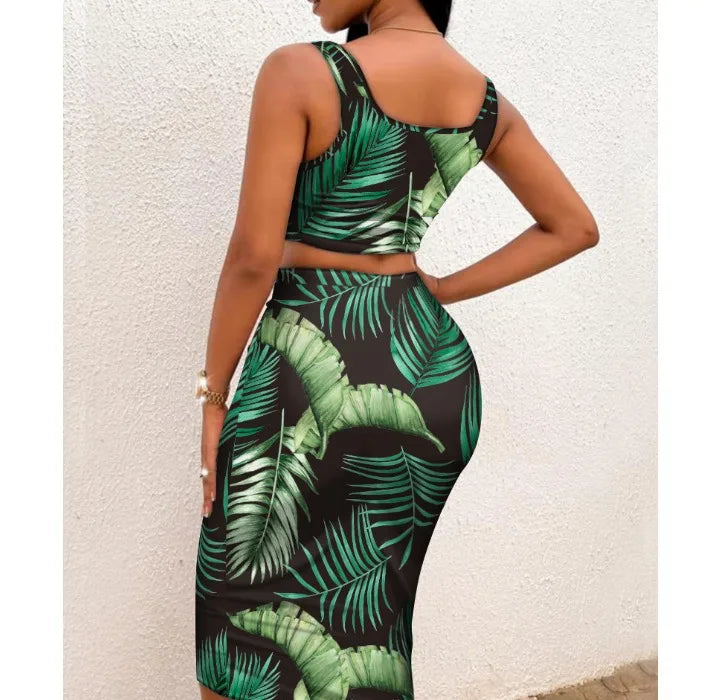 Two Pieces Set Outfits Women 2025 & 2026 Summer Sexy Sleeveless Suspender Top and High Waisted Tight Fitting Hip Wrap Skirt Print Suits