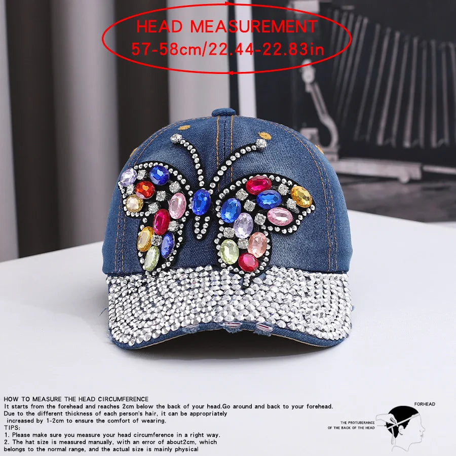 Fashionable And Versatile Outdoor Casual Baseball Cap With Colorful Diamond Inlay, Trendy Butterfly, Middle-Aged Duckbill Cap