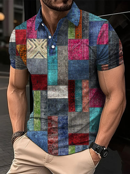 Fashion Elegant Harajuku Slim Fit Ropa Hombre Loose Casual All Match Lattice Men's POLO Shirt Printed Button Short Sleeve Tops