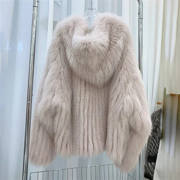 Fox Fur Coat Women's Winter Fashion Warm 100% Fox Fur Coat Hooded Long Sleeved Sweet Women's Luxury Designer Coat