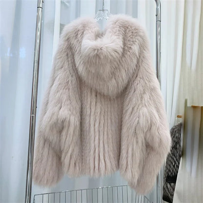 Fox Fur Coat Women's Winter Fashion Warm 100% Fox Fur Coat Hooded Long Sleeved Sweet Women's Luxury Designer Coat