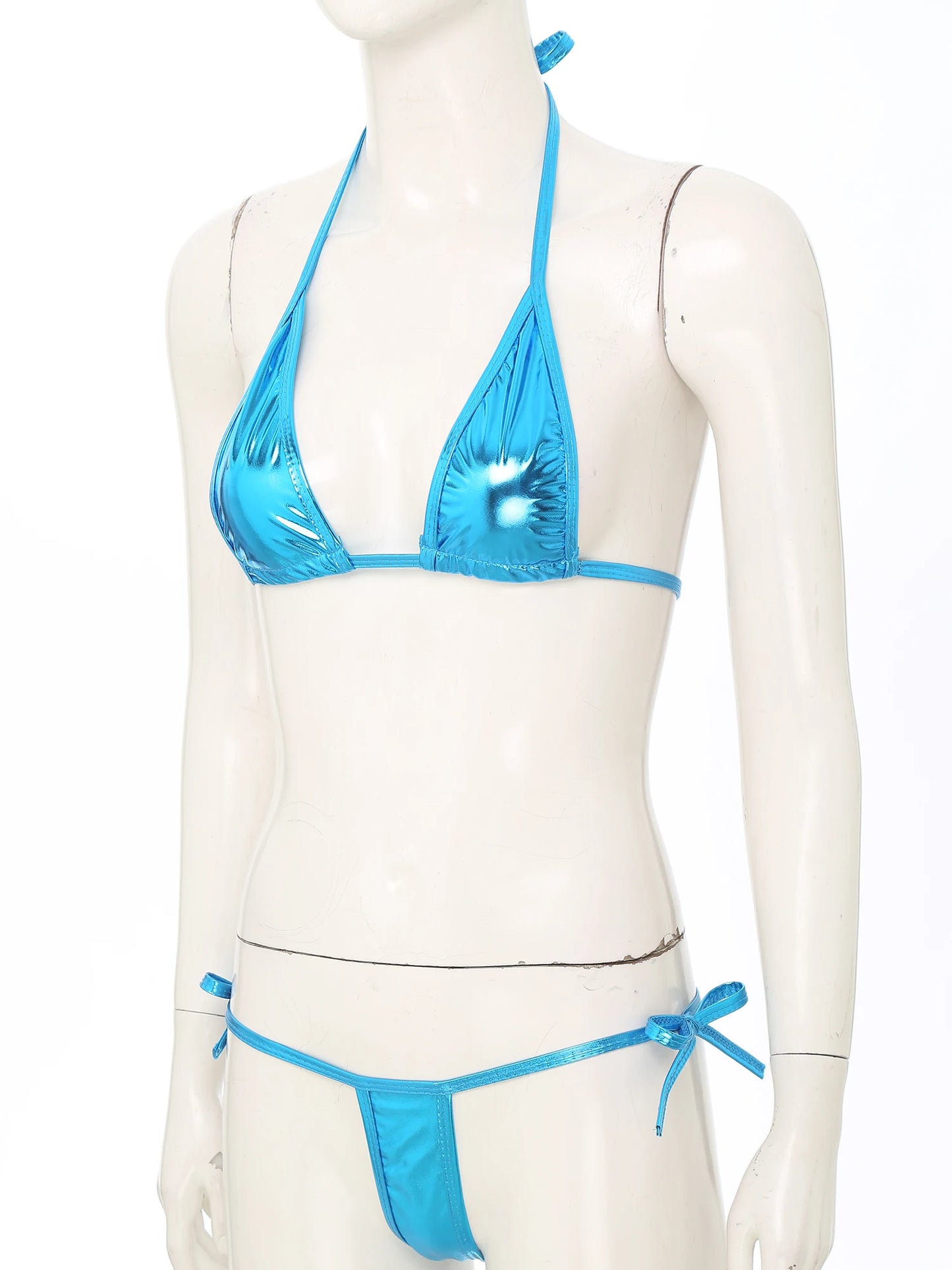 Womens Brazilian Micro Bikini Swimsuit Biquini Set Lacing Non-Padded Triangle Cup Bra Top with G-String Metallic Shiny Swimwear