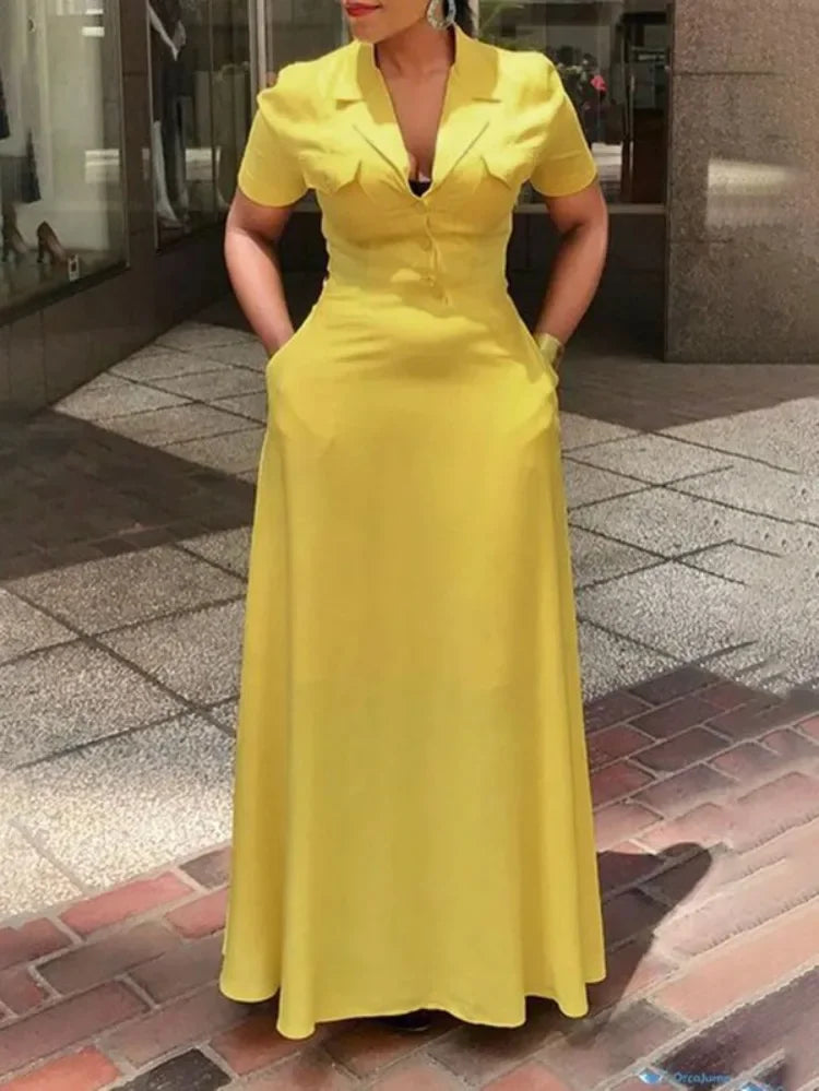 UOOZEE Office Lady Formal Notched Collar Commute Maxi Dresses Short Sleeves Buttoned Pockets Casual A-Line Yellow Dress 2025 New