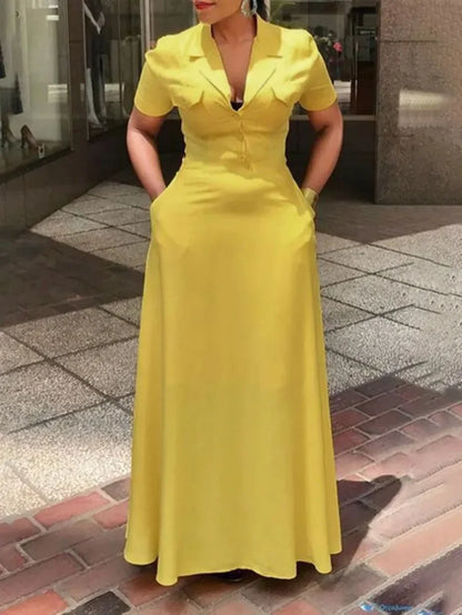 UOOZEE Office Lady Formal Notched Collar Commute Maxi Dresses Short Sleeves Buttoned Pockets Casual A-Line Yellow Dress 2025 New