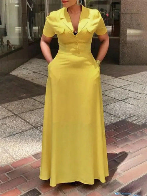 UOOZEE Office Lady Formal Notched Collar Commute Maxi Dresses Short Sleeves Buttoned Pockets Casual A-Line Yellow Dress 2025 New