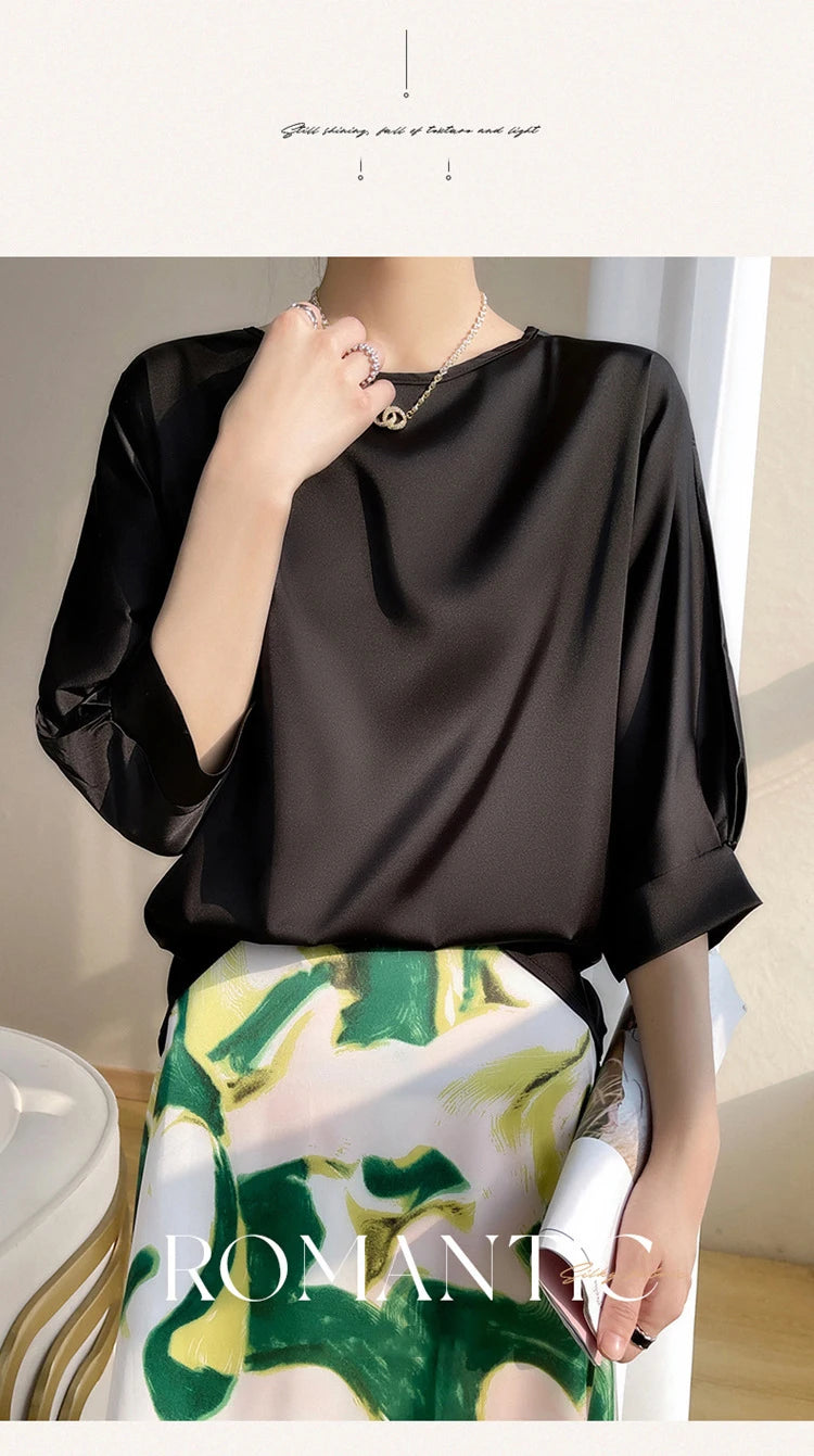 New In Summer Satin Silk Half-Sleeve Tee Tops Basic Solid Women‘s T-Shirt Casual O-neck Thin Shirts Ladies Loose Blouses