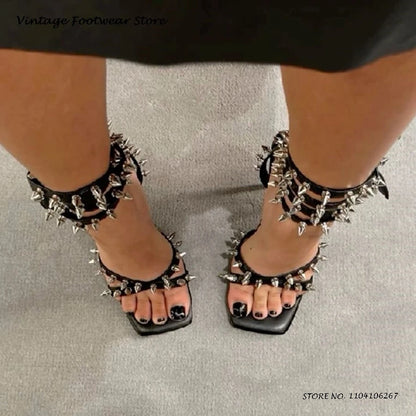 Punk Style Spikes Ankle Strap Stilettos Square Open Toe Thin High Heels Party Shoes Women's Streetwear Evening Trending Sandals
