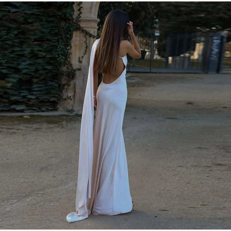 Elegant Ribbon Halter Dress Women Solid Off Shoulder Sleeveless Backless Slim Maxi Dresses 2026 Summer Autumn Party Robes Lady