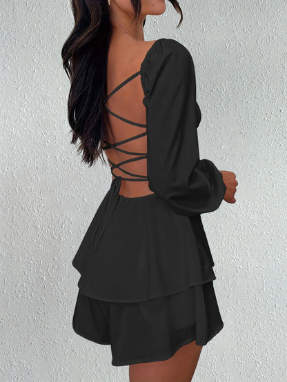 Sexy And Elegant V-neck Backless Waist Cinched Long Sleeved Dress Nightclub Party Style White Lace Up Ruffle Edge Short Skirt