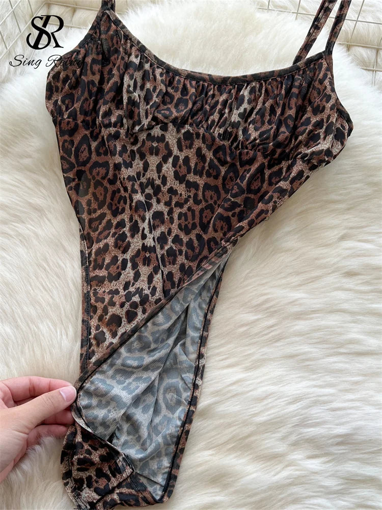 SINGREINY 2025 & 2026 Newest Leopard 2pcs Suits Women Sexy Strap Tops+Elastic Waist Flared Pants American Ins Fashion Hotsweet Sets