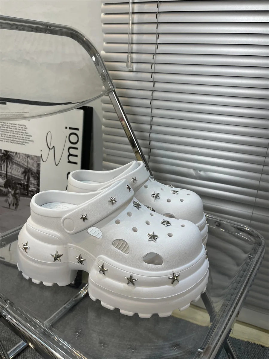 Women Summer Sandals High 10cm Heels Chunky Clogs with Star Charms Garden Shoes Waterproof Beach Pool Sandals Mules Slippers