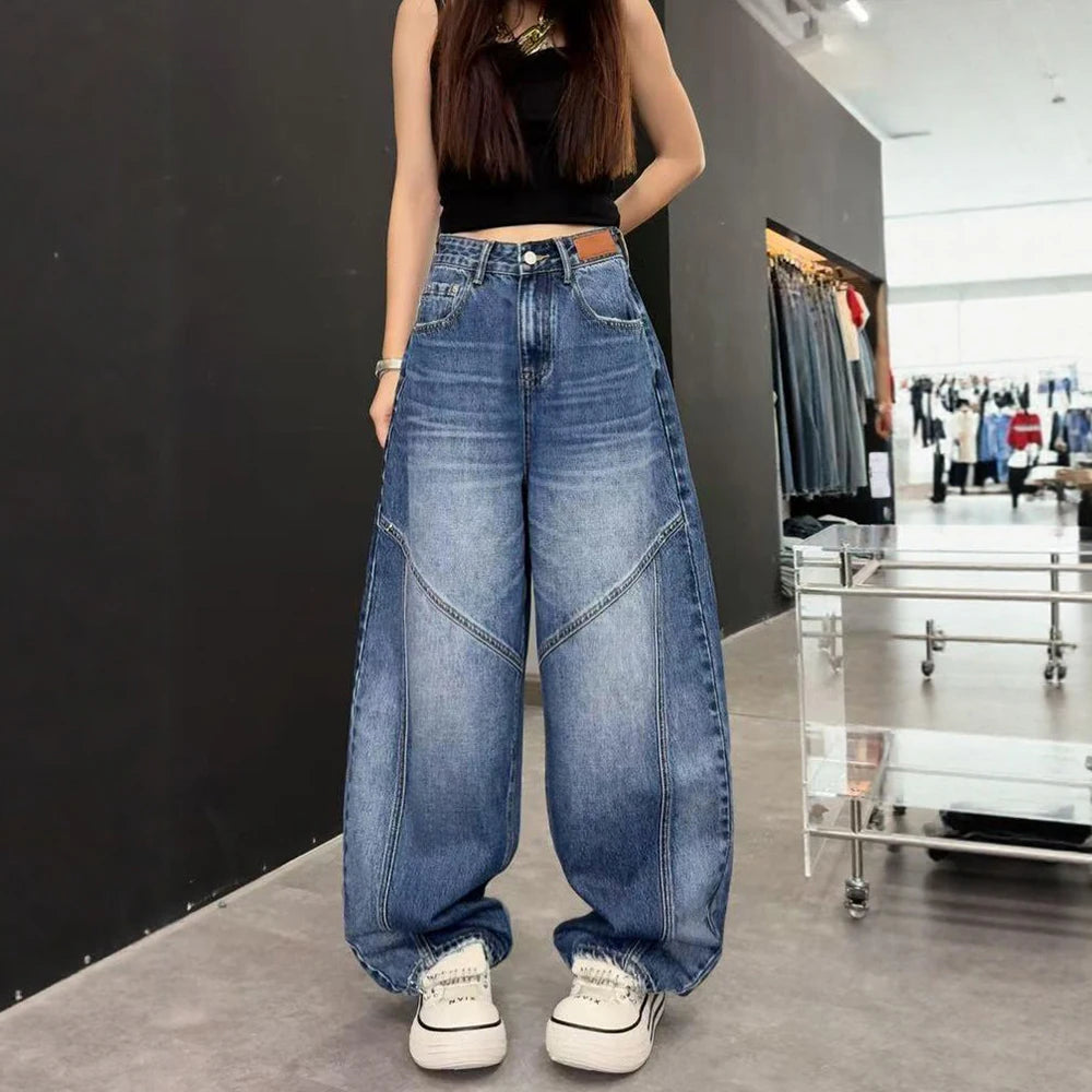 2025/2026 Grunge Y2K Streetwear Washed Blue Baggy Pleated Jeans Pants For Women Clothing Distressed Wide Leg Loose Old Lady Trousers